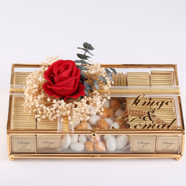 İsteme Söz Nişan Çikolatası - Kırmızı Gül ve Cipso