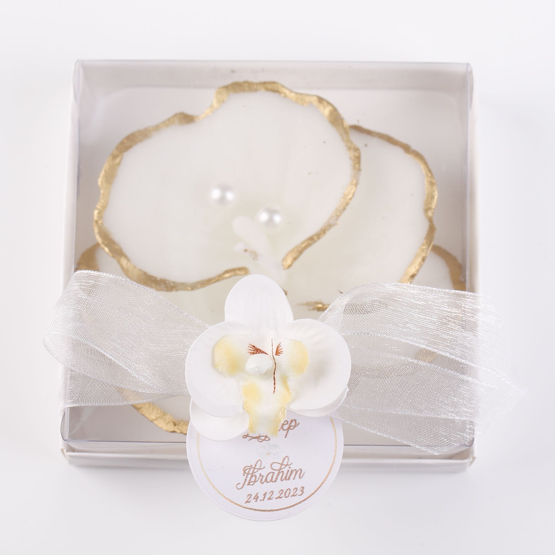 İncili Orkide Mum - Gold Detaylı