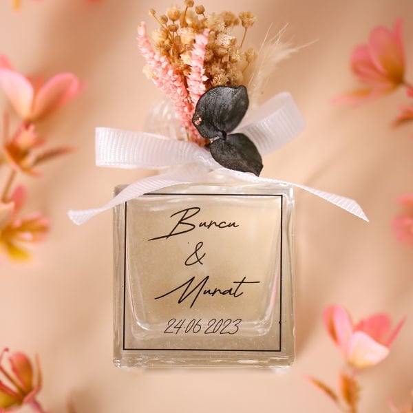 Kare Cam Şişede Kolonya - Krem Cipso & Okaliptus Süslemeli