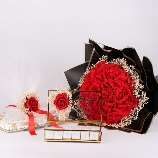 İsteme Çiçek Çikolata Büyük Set - Kırmızı Büyük Kadife Güllü