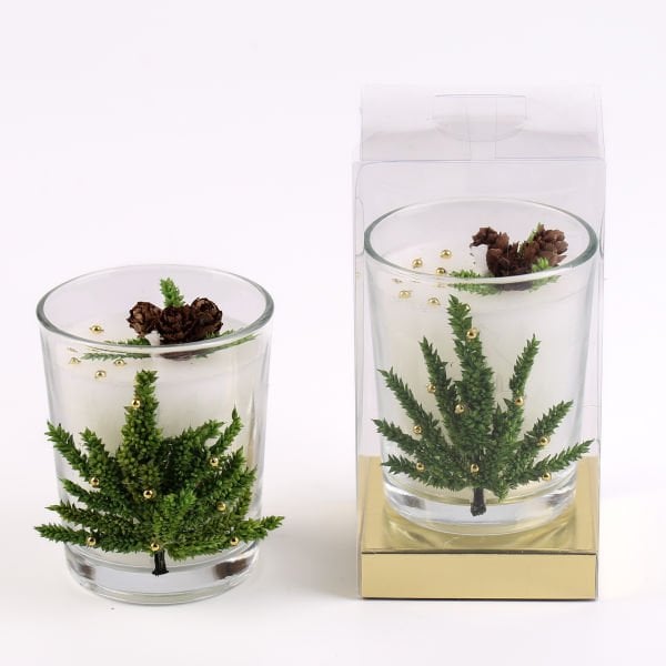 Mini Kozalak ve Çam Ağacı süslemeli Büyük Cam Bardak Mum