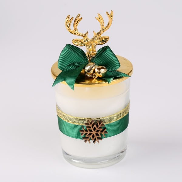Metal Tepeli Geyik Figürlü Büyük Cam Bardak Mum - CN014