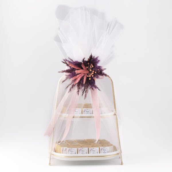 2 Katlı  Sunumlukta İsteme Çikolatası - Pembe & Mor Süslemeli