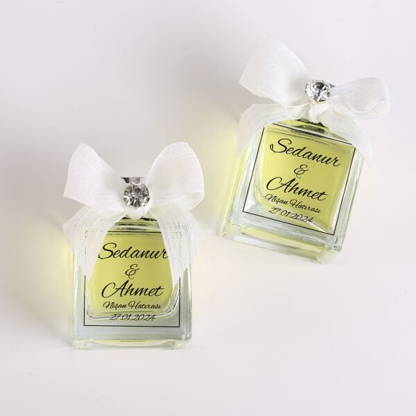 Kare Cam Şişe Kolonya - Kurdele & Taş Süslemeli