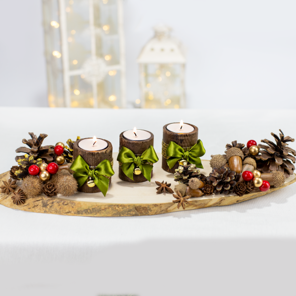 3'lü Kütük Mum - Ahşap Kaideli