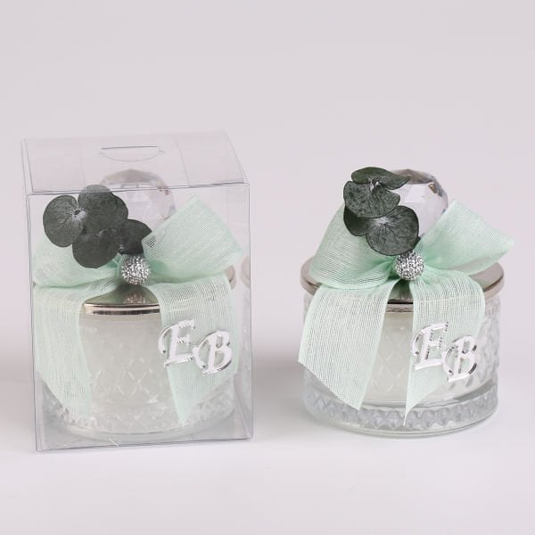 Baklava Desenli Cam Şekerlik Mum - Su Yeşili Kurdele