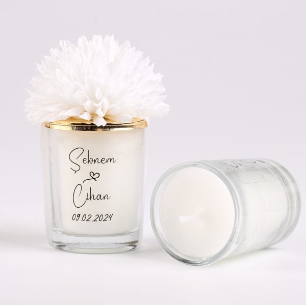Bardak Cam Mum - Beyaz Kasımpatı Süslemeli ve Gold Metal Tepeli