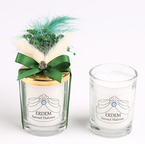 Sünnet Hatırası - Yeşil Süslü Cam Bardak Mum