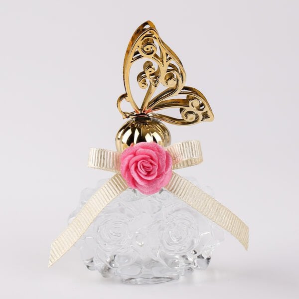 Kelebek Tepeli Gül Motifli Cam Şişe - Pembe Gülsuyu