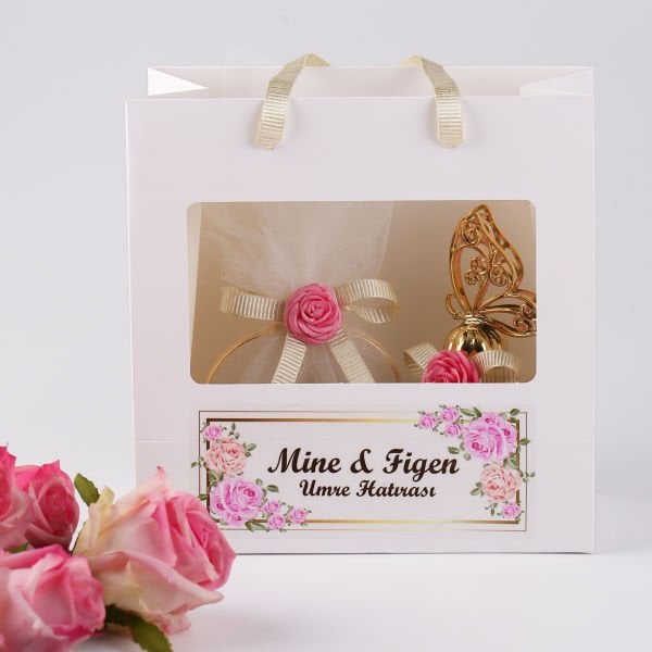 Pencereli Karton Çanta - Pembe Gül Etiketli