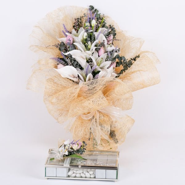 İsteme Çiçek - Çikolata Set (Beyaz Mor Lila)