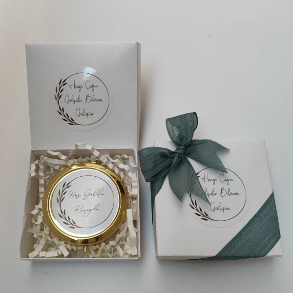 Metal Gold Ayna - Yeşil Keten Kurdele & Beyaz Kutu