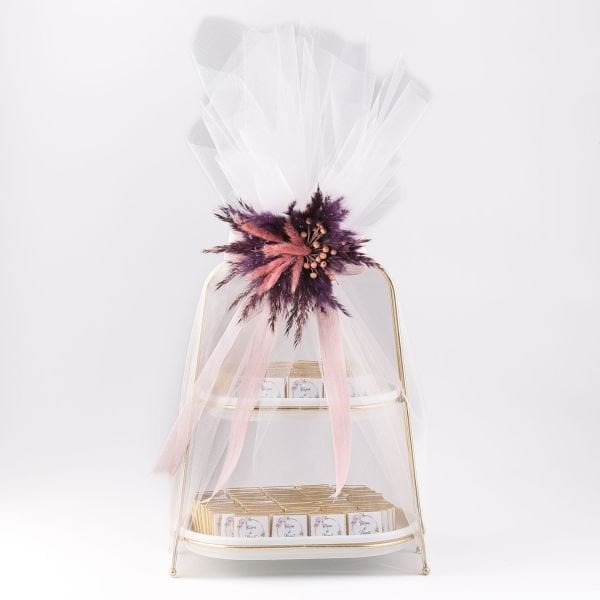 2 Katlı Kare Sunumluk - Çiçek Süslemeli