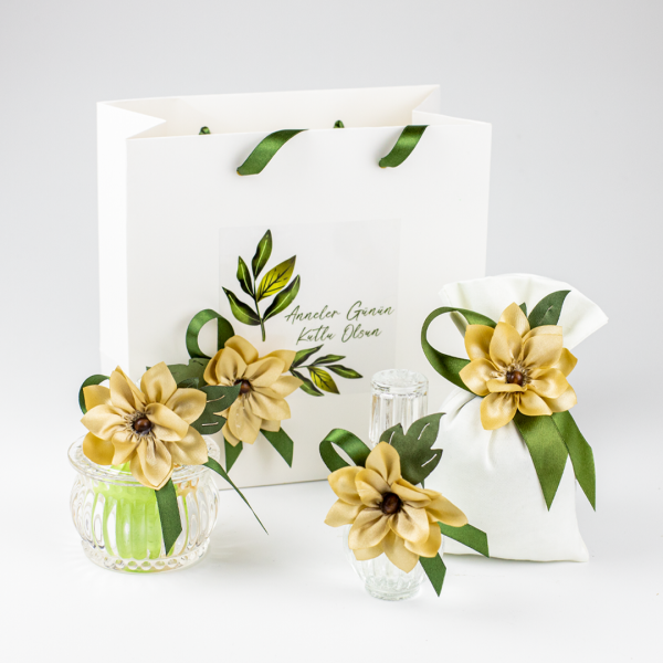 Çantalı Set - Kumaş Çiçekli (Kahve & Yeşil)