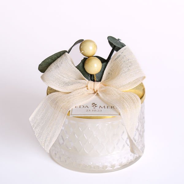 Okaliptus Süslemeli - Baklava Desenli - Kesme Cam Mum