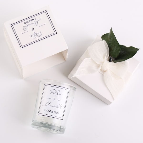 Cam Bardak Mum - Beyaz Kutu & Yeşil Dal