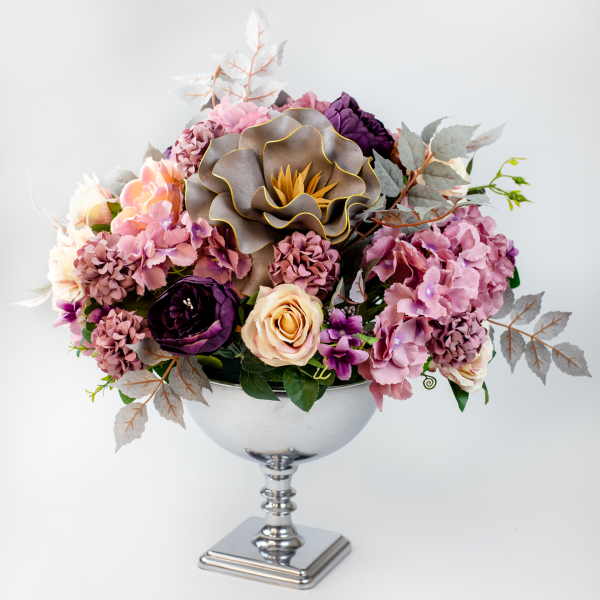 Ayaklı Yuvarlak Vazoda Renkli Çiçek Aranjmanı - Gümüş
