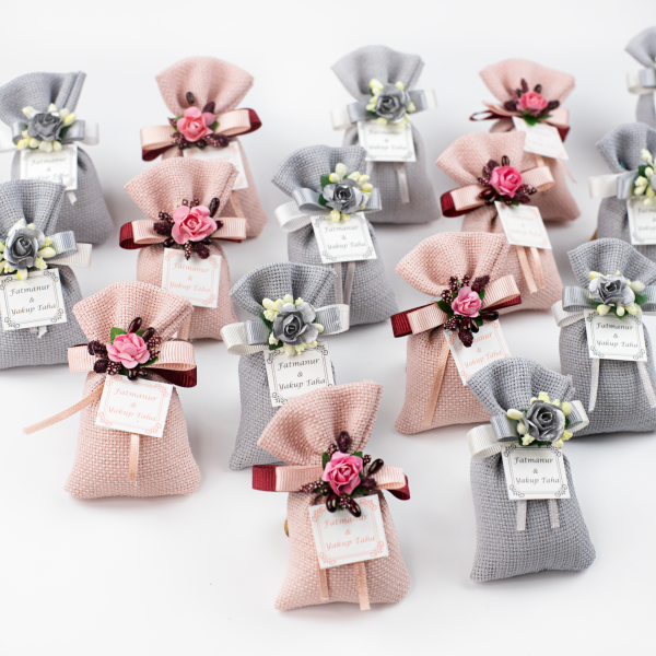 Güllü Linen Kese - Küçük Boy