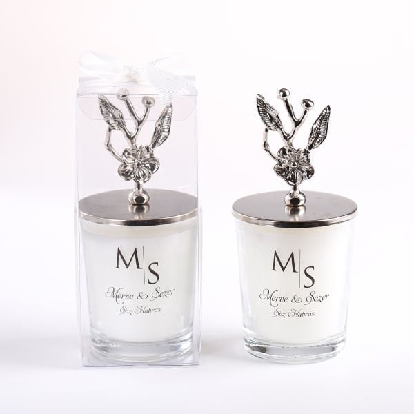 Japon Gülü Metal Tepeli Büyük Cam Bardak Mum - Gümüş