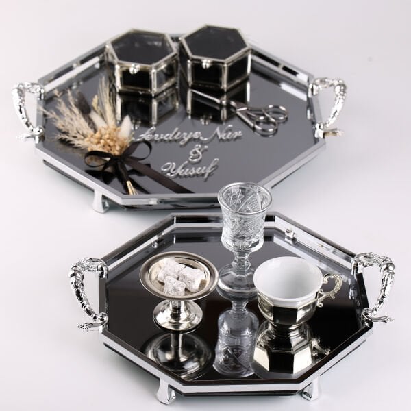 Siyah Cam Sekizgen Tepsi Set 2li -  Söz & İsteme ve Damat Kahvesi