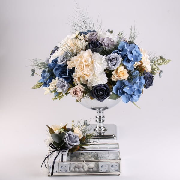 Vazolu Çiçek & Çikolata Set - Gümüş Mavi