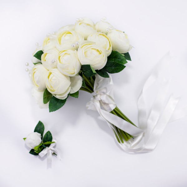 İncili Beyaz Gelin Buketi & Damat Yaka iğnesi