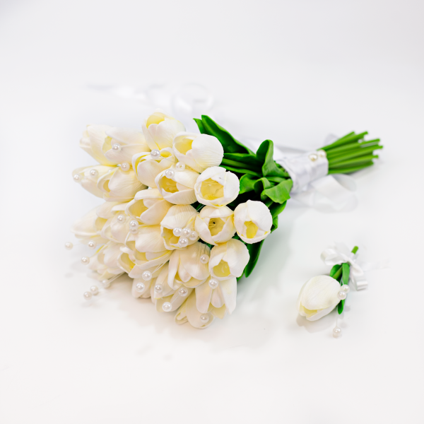 İncili Beyaz Gelin Buketi & Damat Yaka İğnesi - Lale