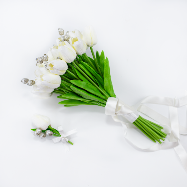 İncili Gelin Buketi & Damat Yaka İğnesi - Lale - Gümüş Detaylı