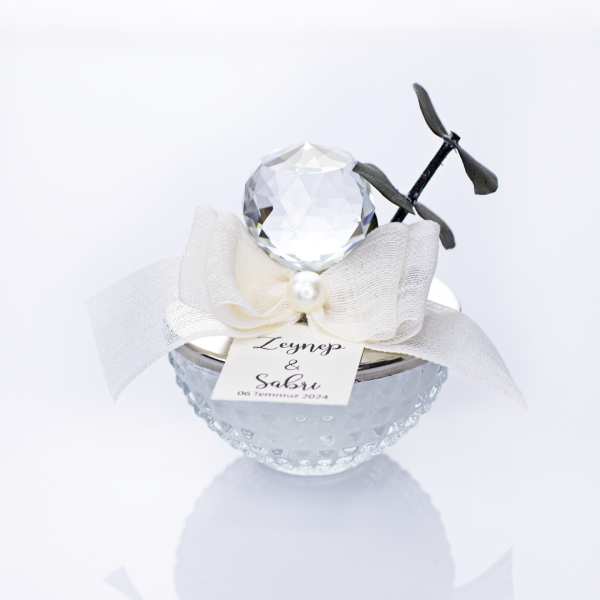 Baklava Desen Yuvarlak Cam Şekerlik Mum - Okaliptus Süslü