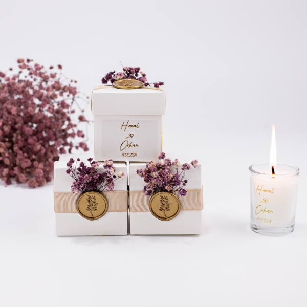 Kutulu Cam Bardak Mum - Mor Çiçekli