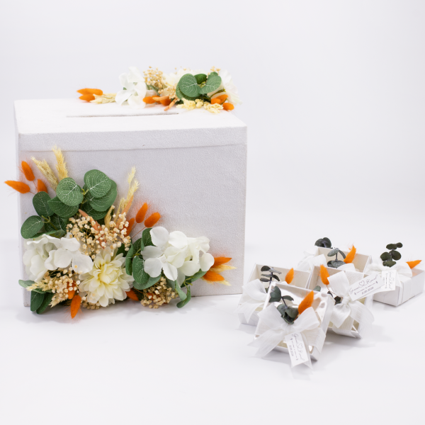 Beyaz Takı Kutusu - Turuncu Pamuk otu ve Okaliptus