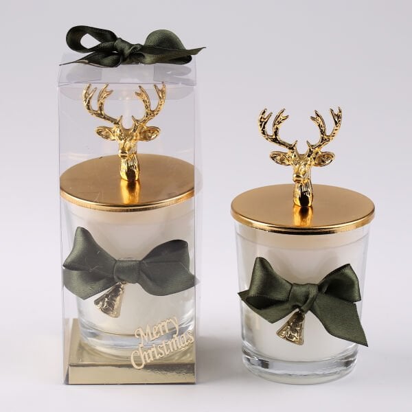 Metal Tepeli Geyik Figürlü Büyük Cam Bardak Mum - CN015